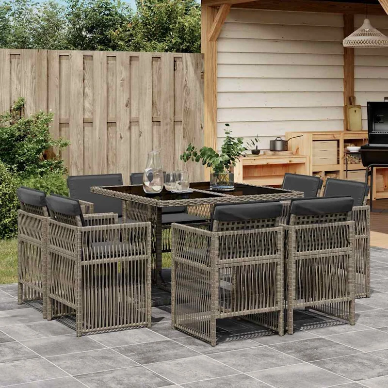 9 Piece Garden Dining Set with Cushions Grey Poly Rattan