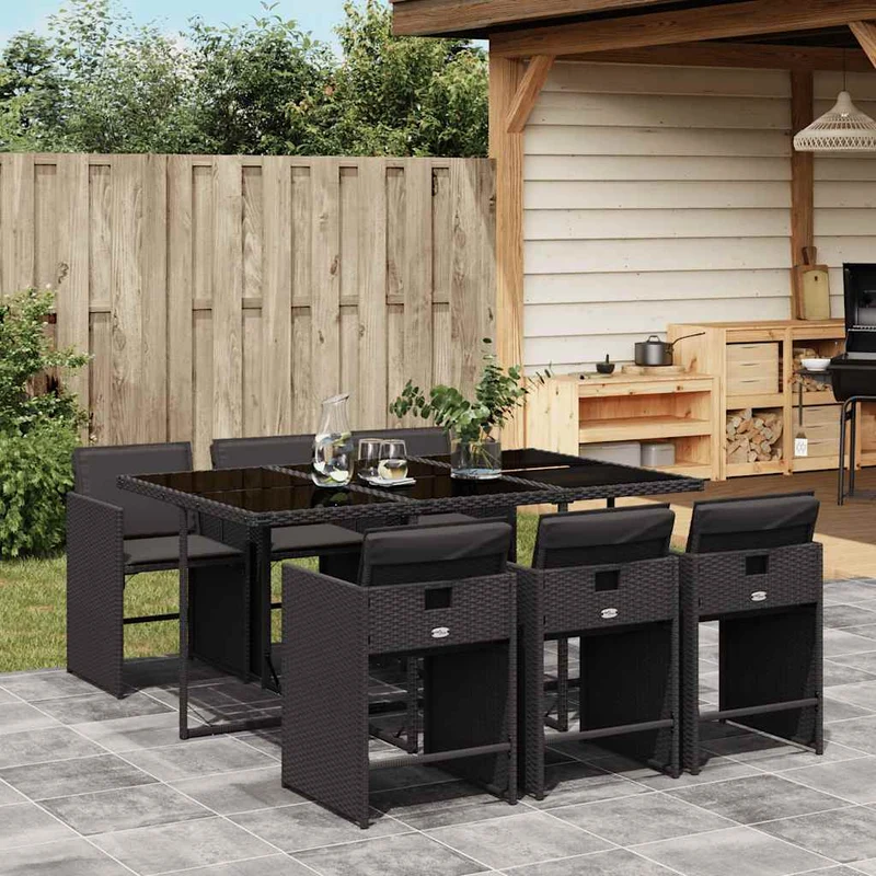 7 Piece Garden Dining Set with Cushions Black Poly Rattan