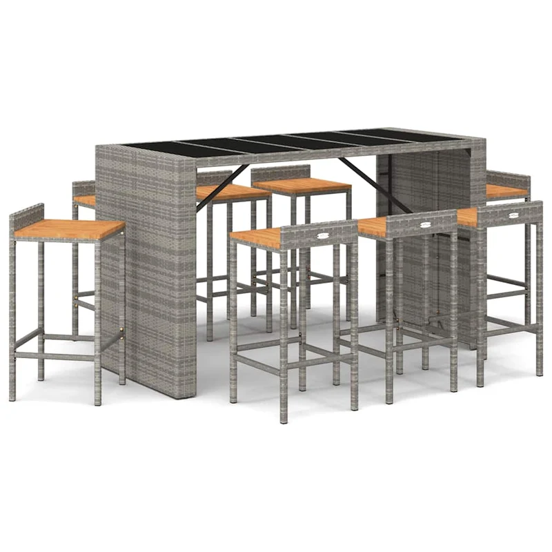 9 Piece Garden Bar Set Grey Poly Rattan& Solid Wood Acacia