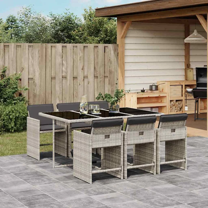 7 Piece Garden Dining Set with Cushions Light Grey Poly Rattan