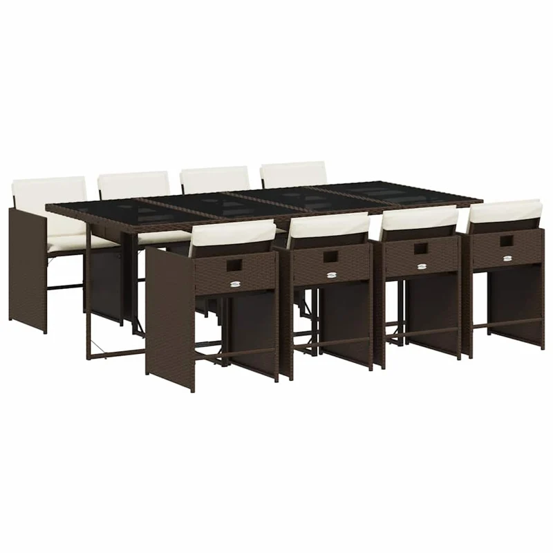 9 Piece Garden Dining Set with Cushions Brown Poly Rattan