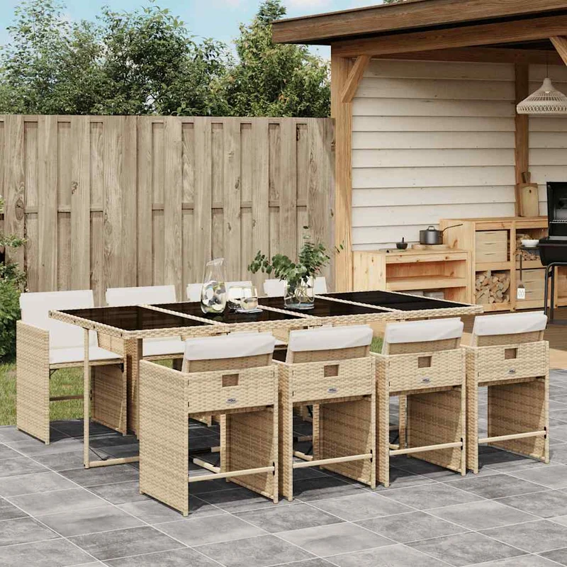 9 Piece Garden Dining Set with Cushions Beige Poly Rattan