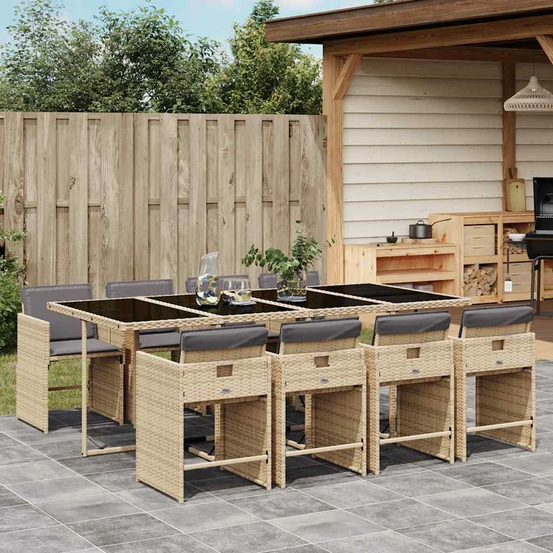 9 Piece Garden Dining Set with Cushions Mix Beige Poly Rattan