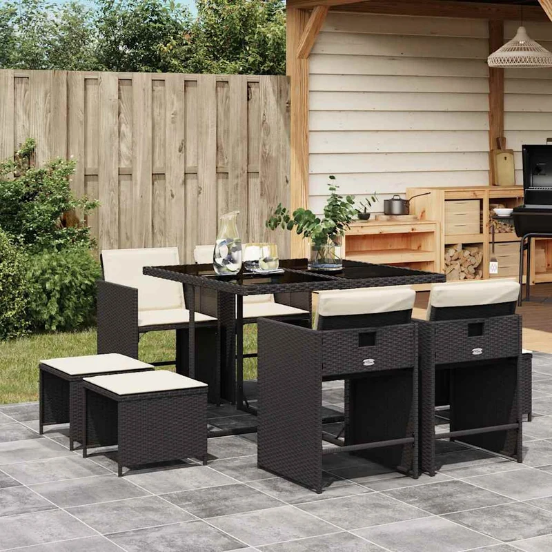 9 Piece Garden Dining Set with Cushions Black Poly Rattan
