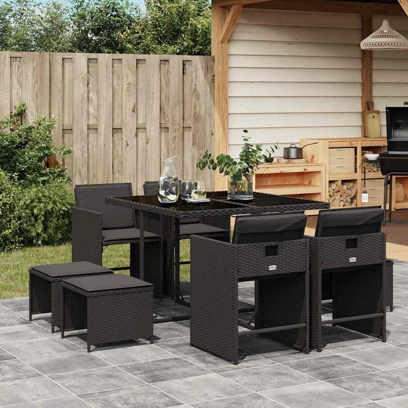 9 Piece Garden Dining Set with Cushions Black Poly Rattan