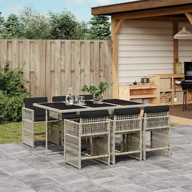 7 Piece Garden Dining Set with Cushions Light Grey Poly Rattan
