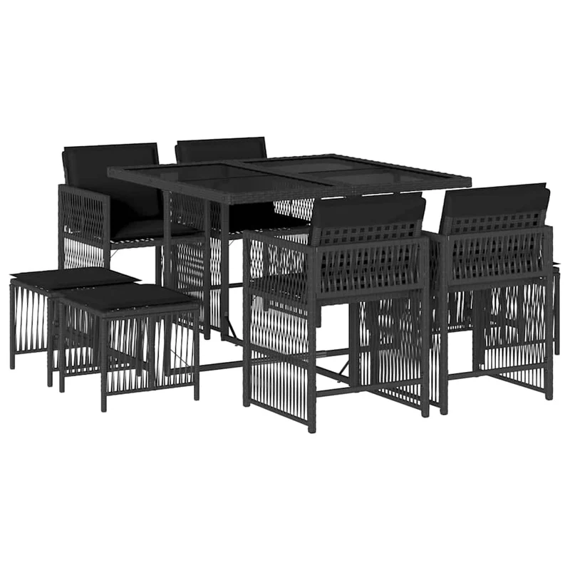 9 Piece Garden Dining Set with Cushions Black Poly Rattan