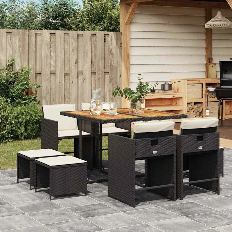 9 Piece Garden Dining Set with Cushions Black Poly Rattan