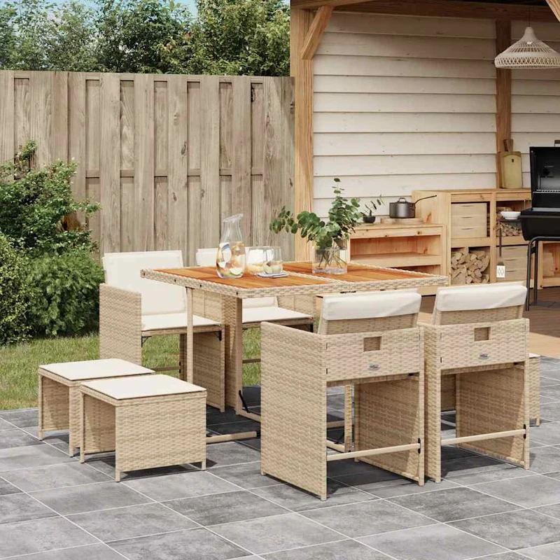 9 Piece Garden Dining Set with Cushions Beige Poly Rattan