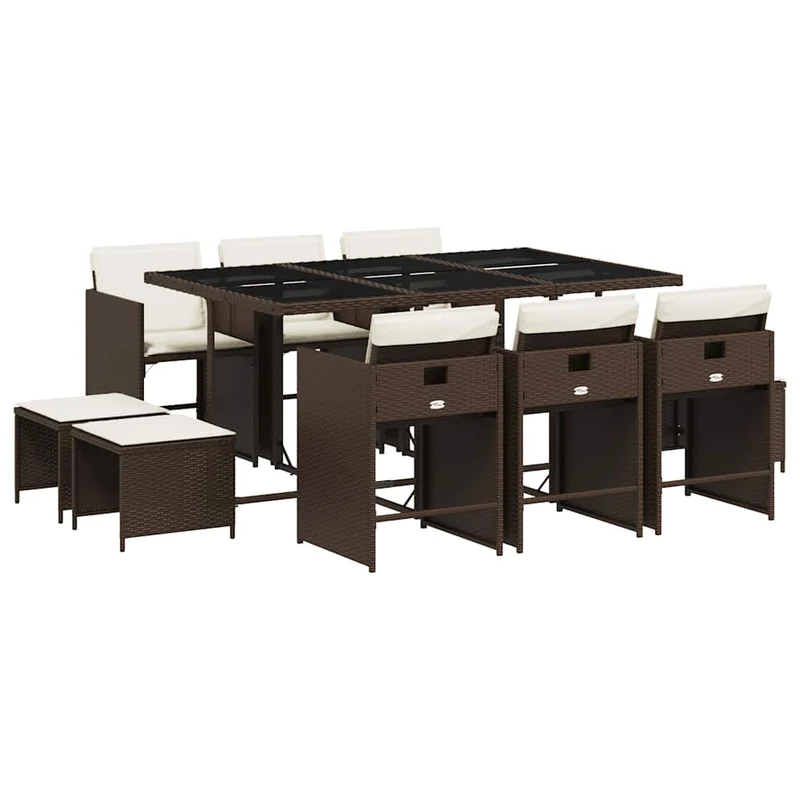 11 Piece Garden Dining Set with Cushions Brown Poly Rattan
