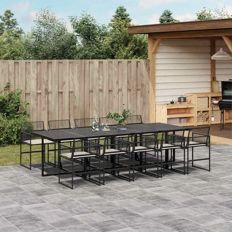 11 Piece Garden Dining Set with Cushions Black Poly Rattan