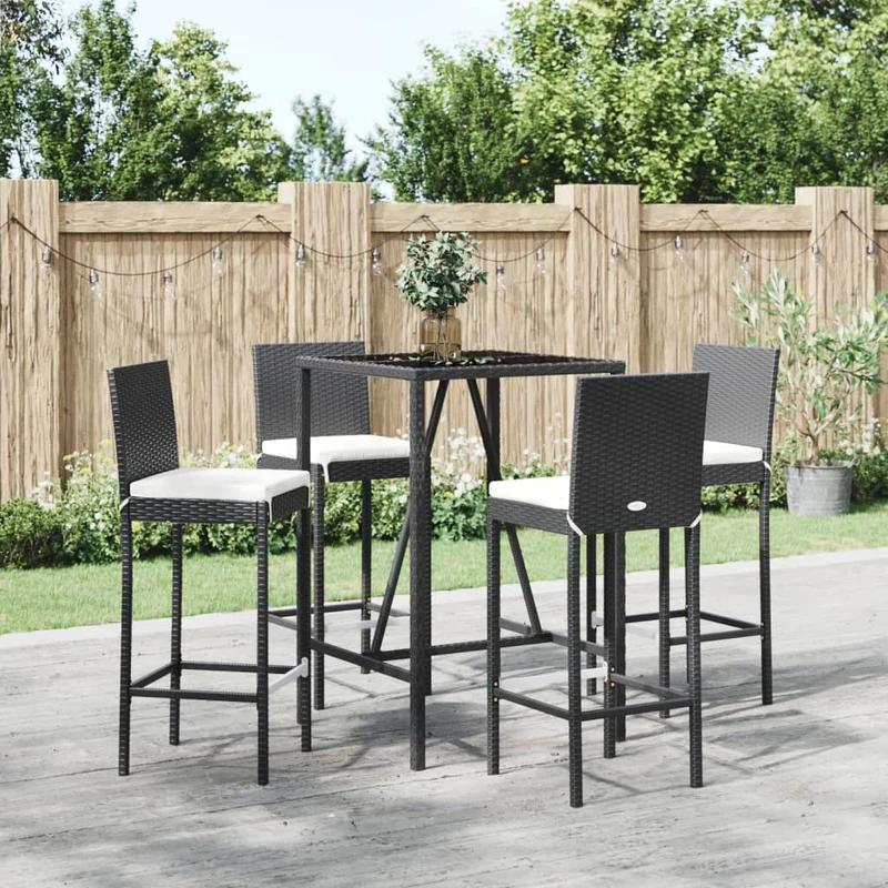 5 Piece Garden Bar Set with Cushions Black Poly Rattan