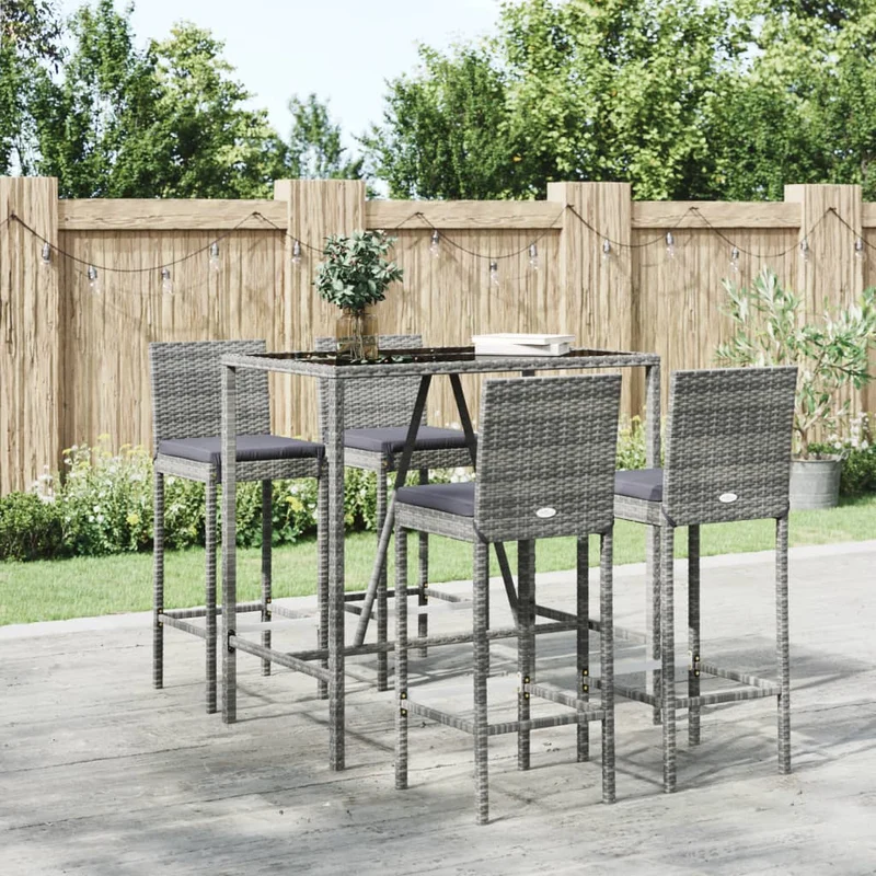 5 Piece Garden Bar Set with Cushions Grey Poly Rattan