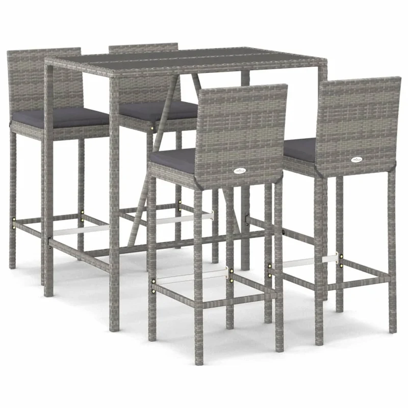 5 Piece Garden Bar Set with Cushions Grey Poly Rattan