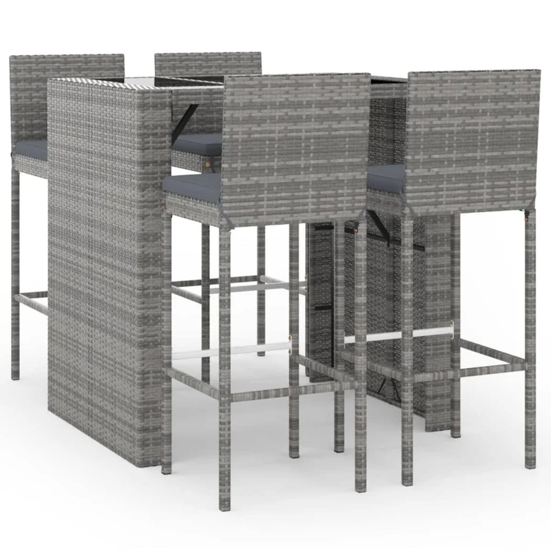 5 Piece Garden Bar Set with Cushions Grey Poly Rattan