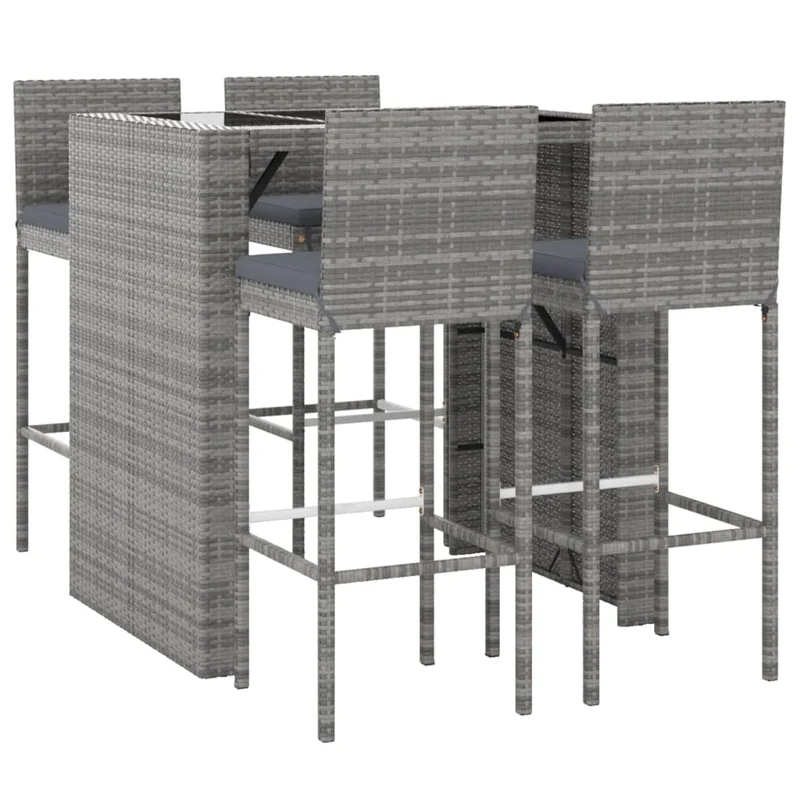 5 Piece Garden Bar Set with Cushions Grey Poly Rattan