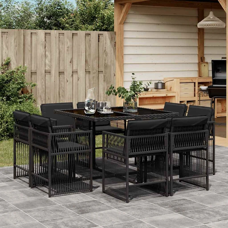 9 Piece Garden Dining Set with Cushions Black Poly Rattan