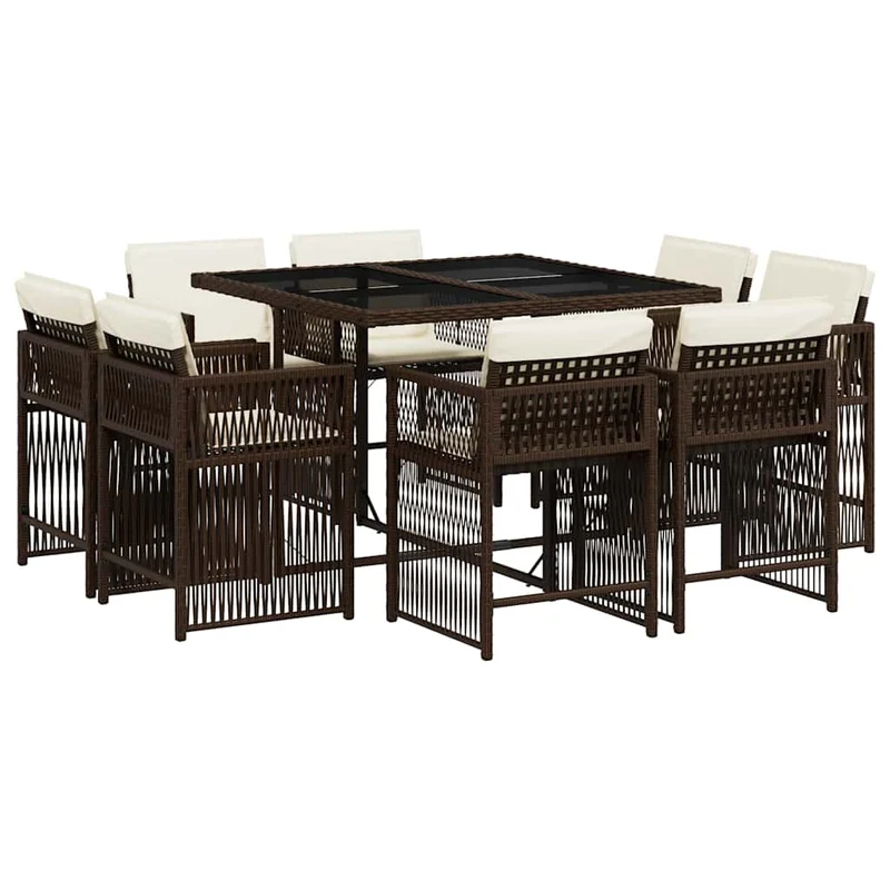 9 Piece Garden Dining Set with Cushions Brown Poly Rattan