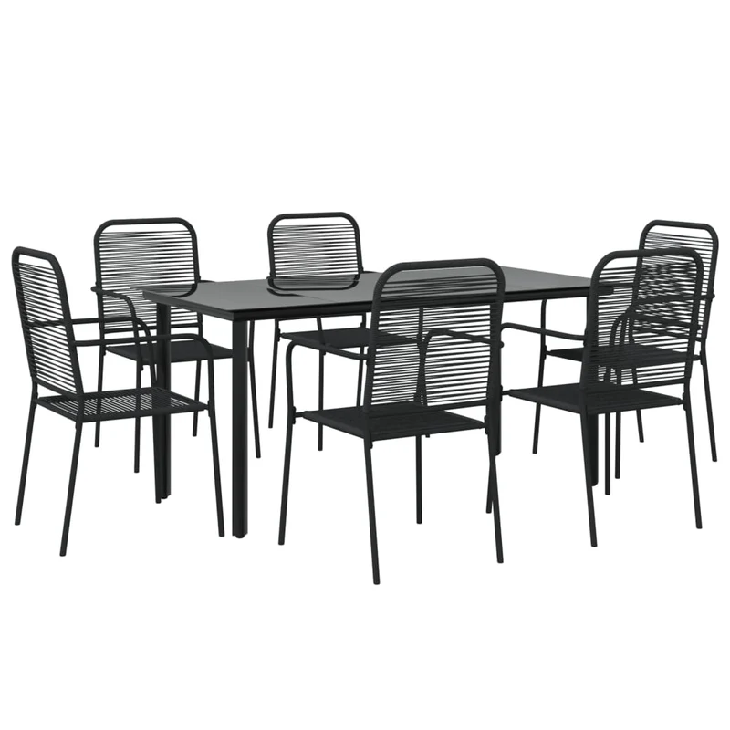 7 Piece Garden Dining Set Black Cotton Rope and Steel