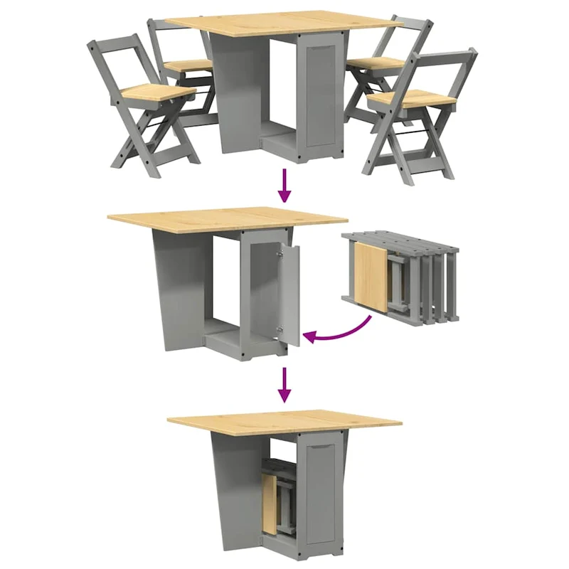 5 Piece Butterfly Dining Set "Corona" Foldable Grey Pinewood