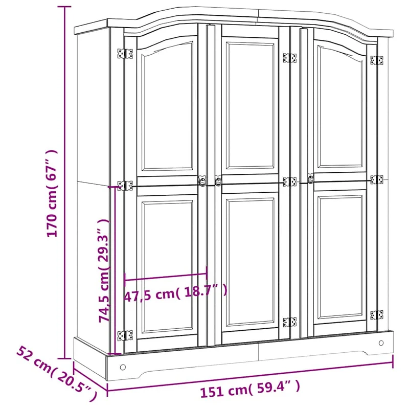 282621 vidaXL Wardrobe Mexican Pine Corona Range 3 Doors Grey