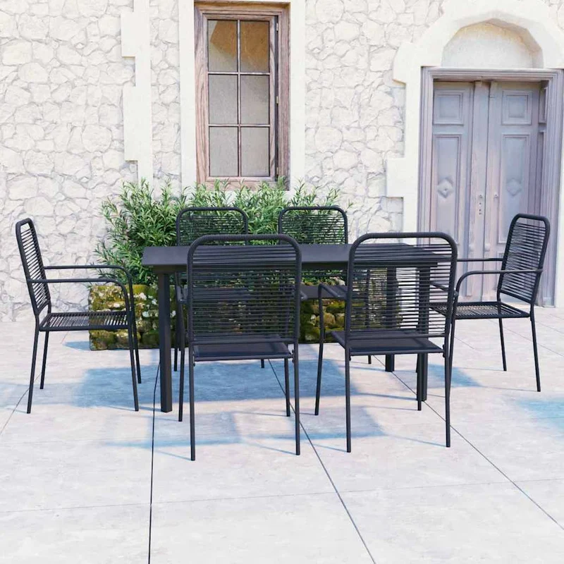 7 Piece Garden Dining Set Black Glass and Steel