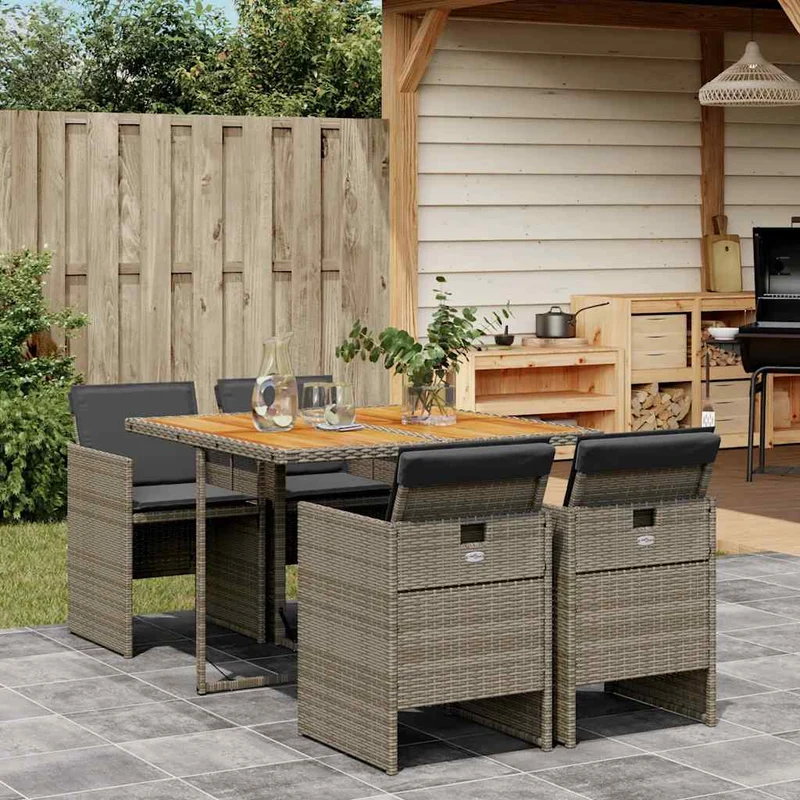5 Piece Garden Dining Set with Cushions Grey Poly Rattan