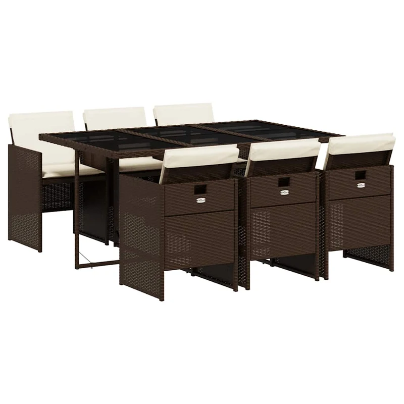 7 Piece Garden Dining Set with Cushions Brown Poly Rattan