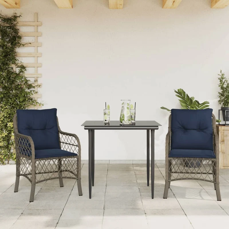 3 Piece Bistro Set with Cushions Grey Poly Rattan