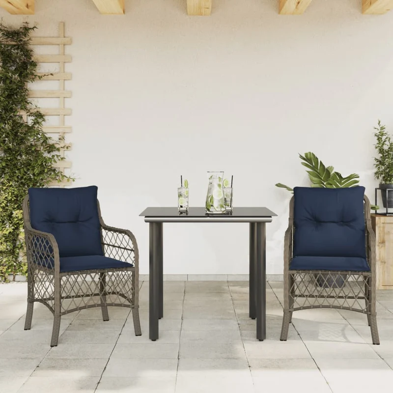 3 Piece Bistro Set with Cushions Grey Poly Rattan