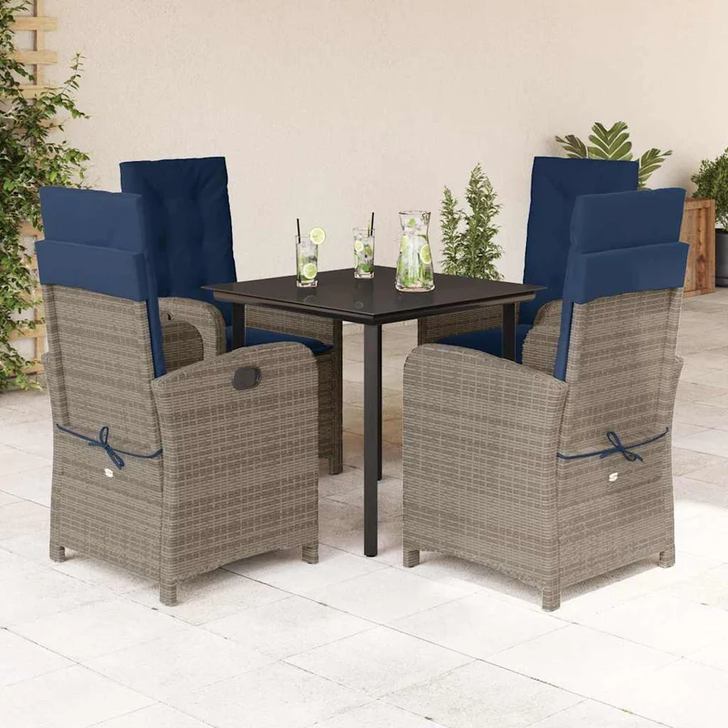 5 Piece Garden Dining Set with Cushions Grey Poly Rattan