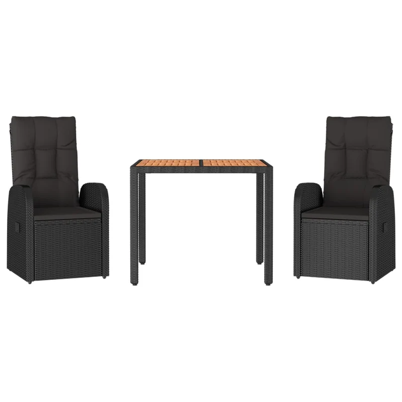 3 Piece Garden Dining Set Black Poly Rattan&Solid Wood Acacia