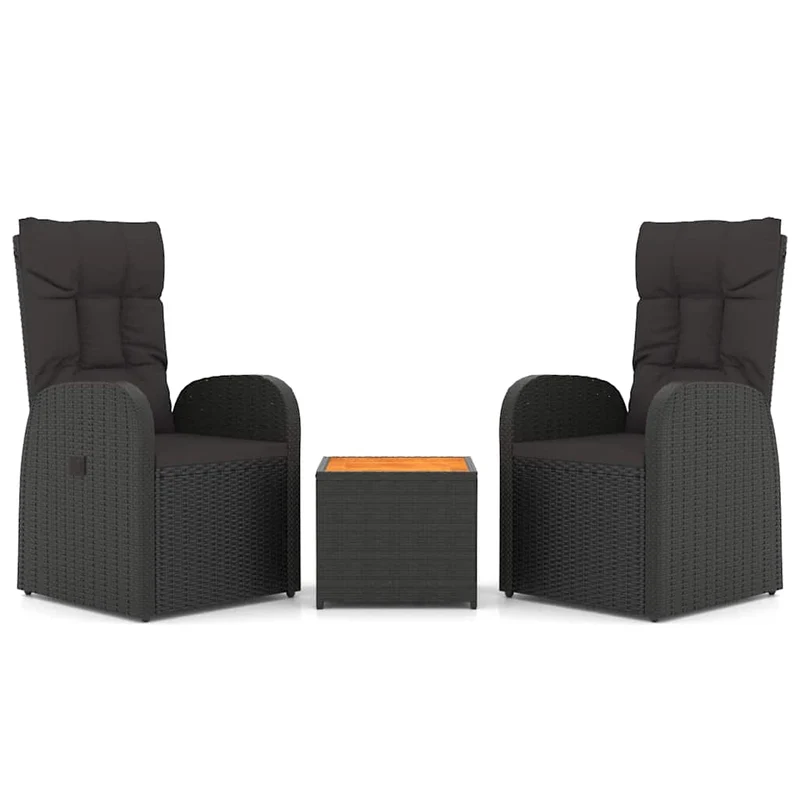 3 Piece Garden Lounge Set Black Poly Rattan&Solid Wood Acacia