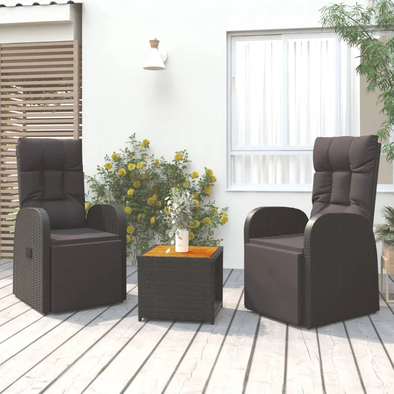 3 Piece Garden Lounge Set Black Poly Rattan&Solid Wood Acacia
