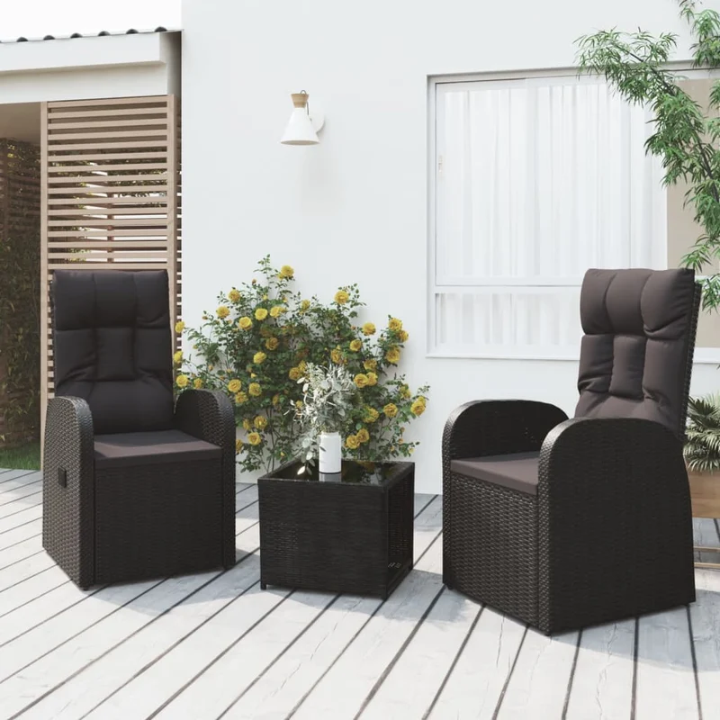 3 Piece Garden Lounge Set Black Poly Rattan&Steel