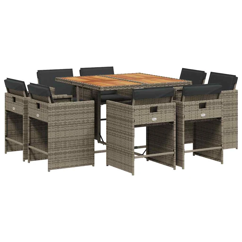 9 Piece Garden Dining Set with Cushions Grey Poly Rattan