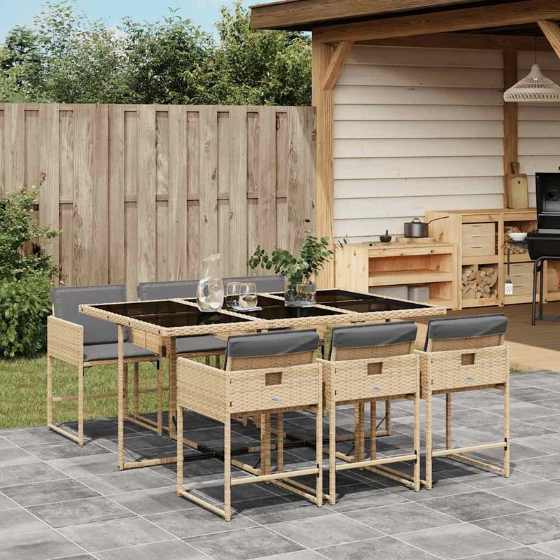 7 Piece Garden Dining Set with Cushions Mix Beige Poly Rattan