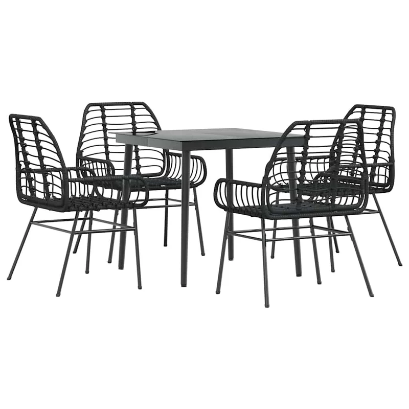 5 Piece Garden Dining Set Black Poly Rattan Glass