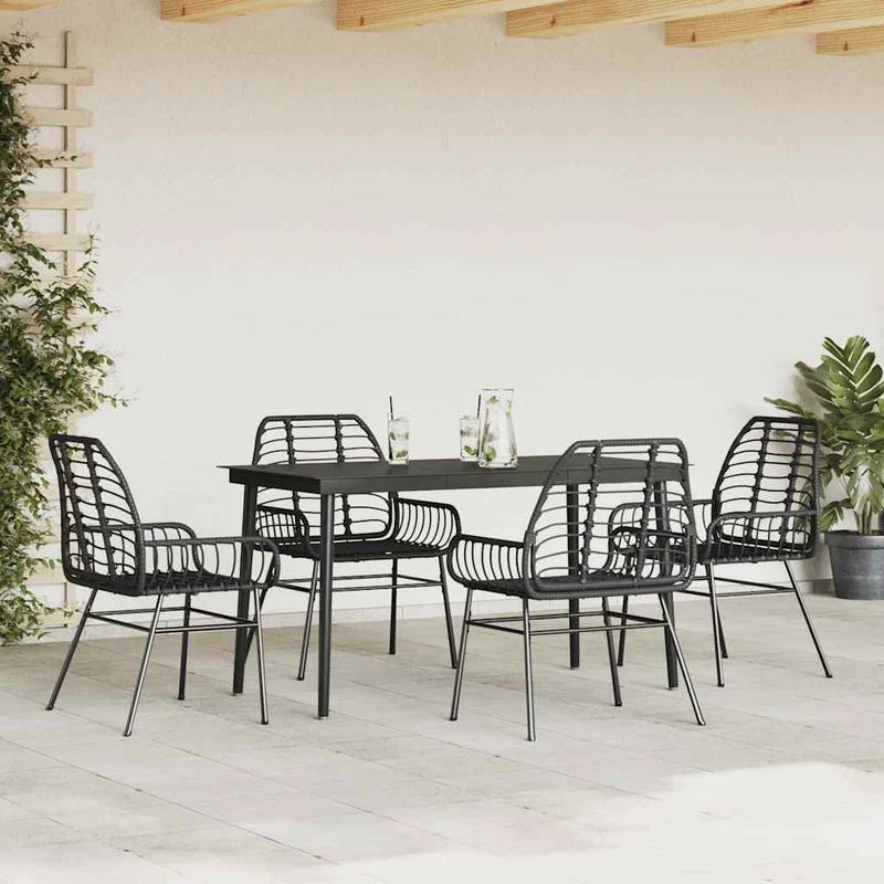 5 Piece Garden Dining Set Black Poly Rattan Glass