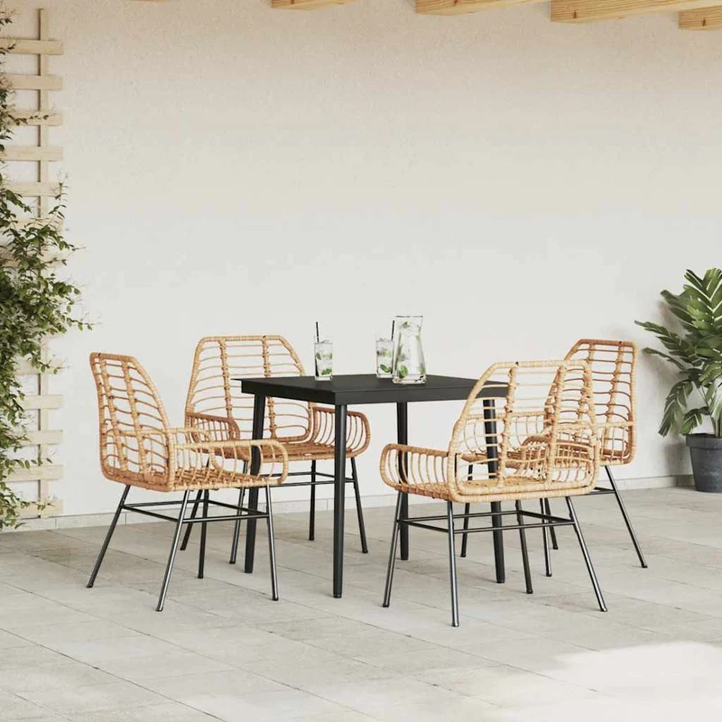 5 Piece Garden Dining Set Brown Poly Rattan Glass