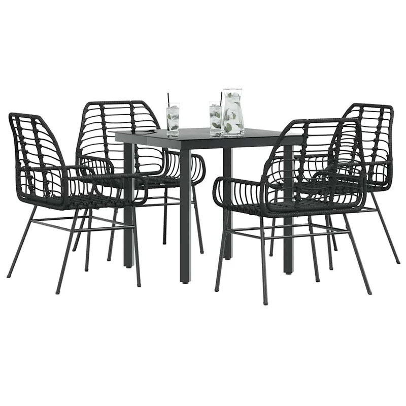 5 Piece Garden Dining Set Black Poly Rattan Glass