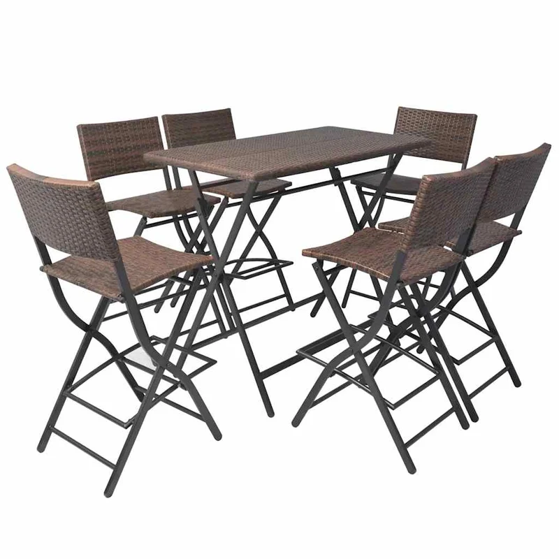 42877 vidaXL 7 Piece Folding Outdoor Dining Set Steel Poly Rattan Brown