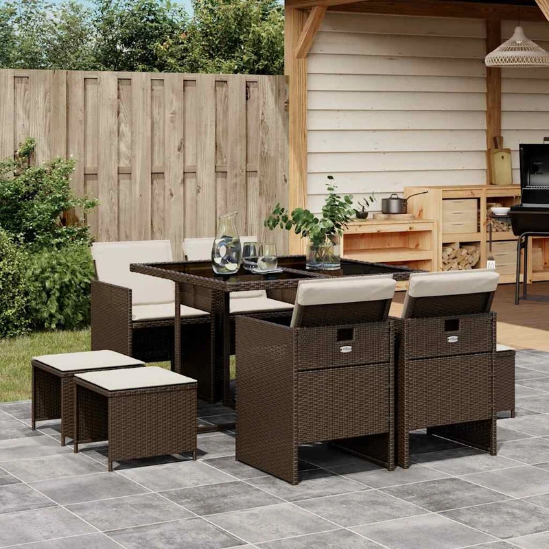 9 Piece Garden Dining Set with Cushions Brown Poly Rattan