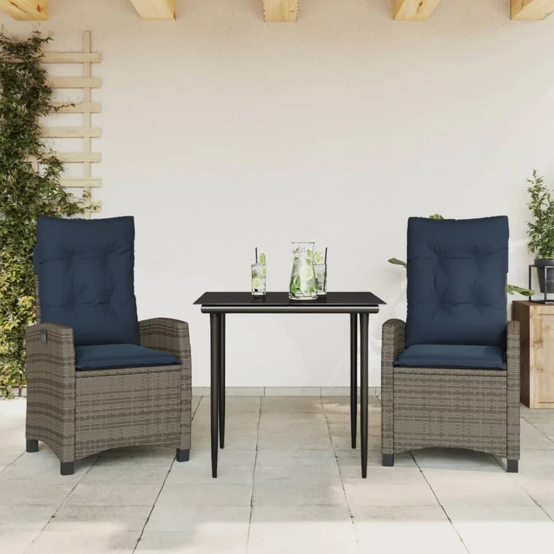 3 Piece Garden Dining Set with Cushions Grey Poly Rattan