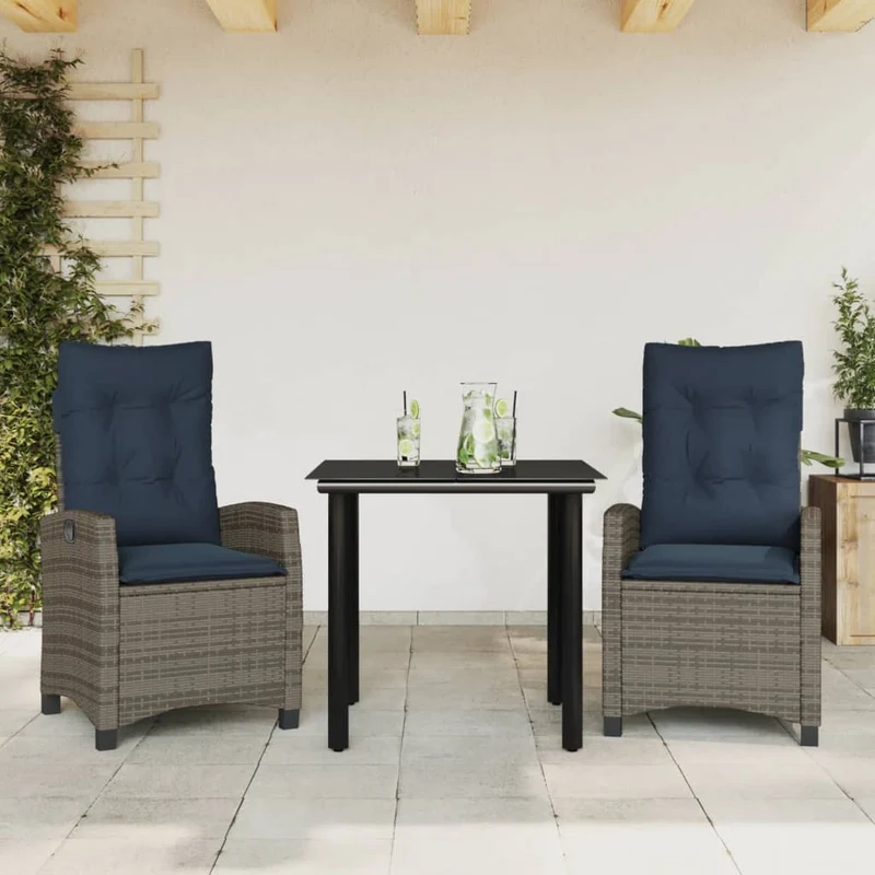 3 Piece Garden Dining Set with Cushions Grey Poly Rattan