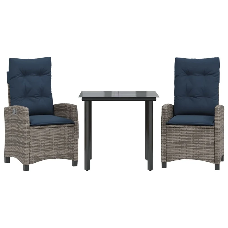 3 Piece Garden Dining Set with Cushions Grey Poly Rattan