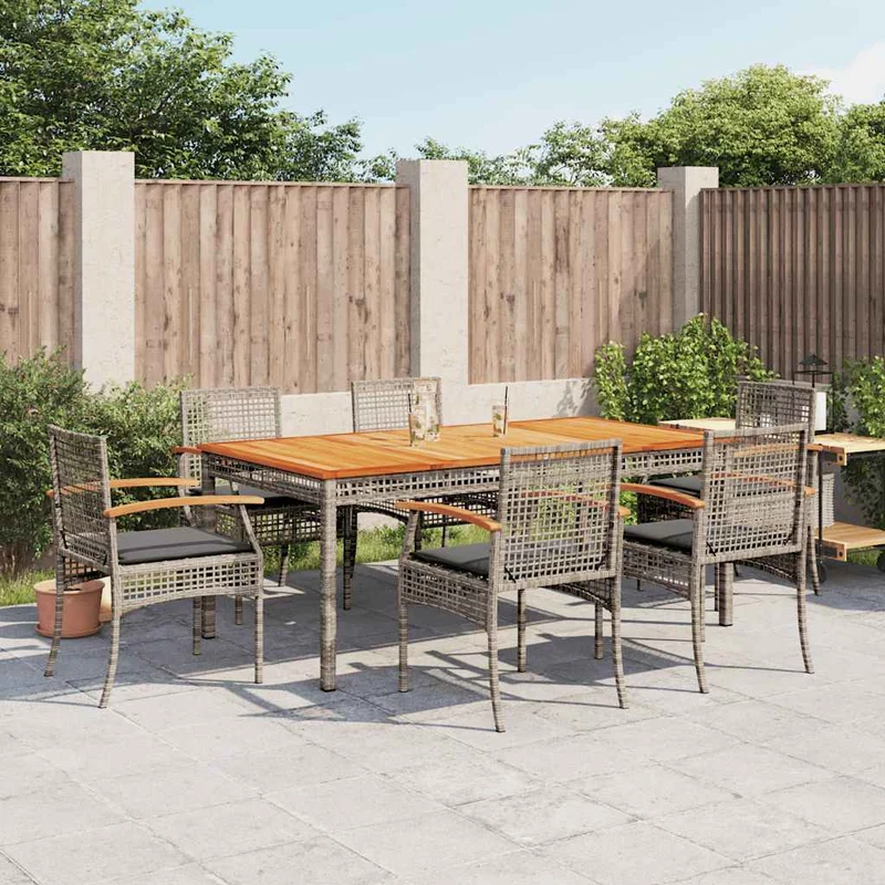 7 Piece Garden Dining Set with Cushions Grey Poly Rattan