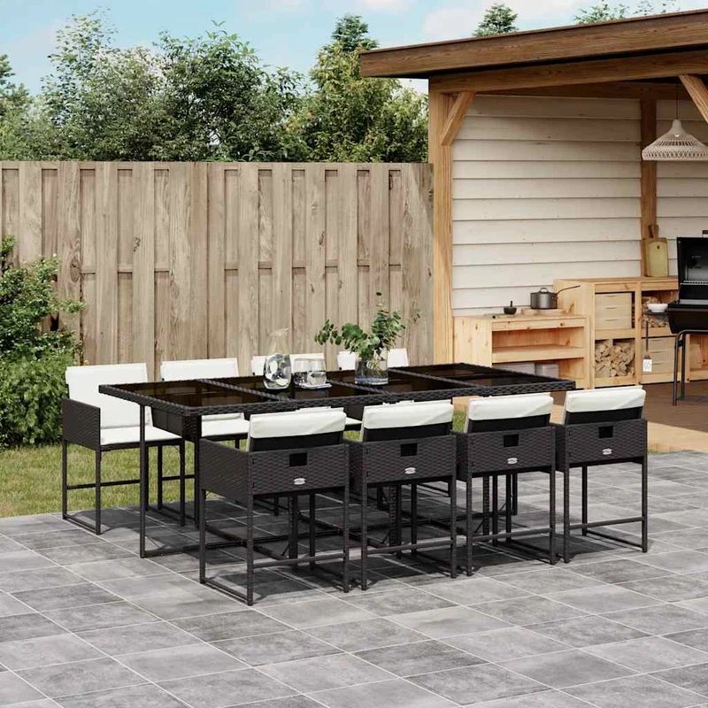 9 Piece Garden Dining Set with Cushions Black Poly Rattan