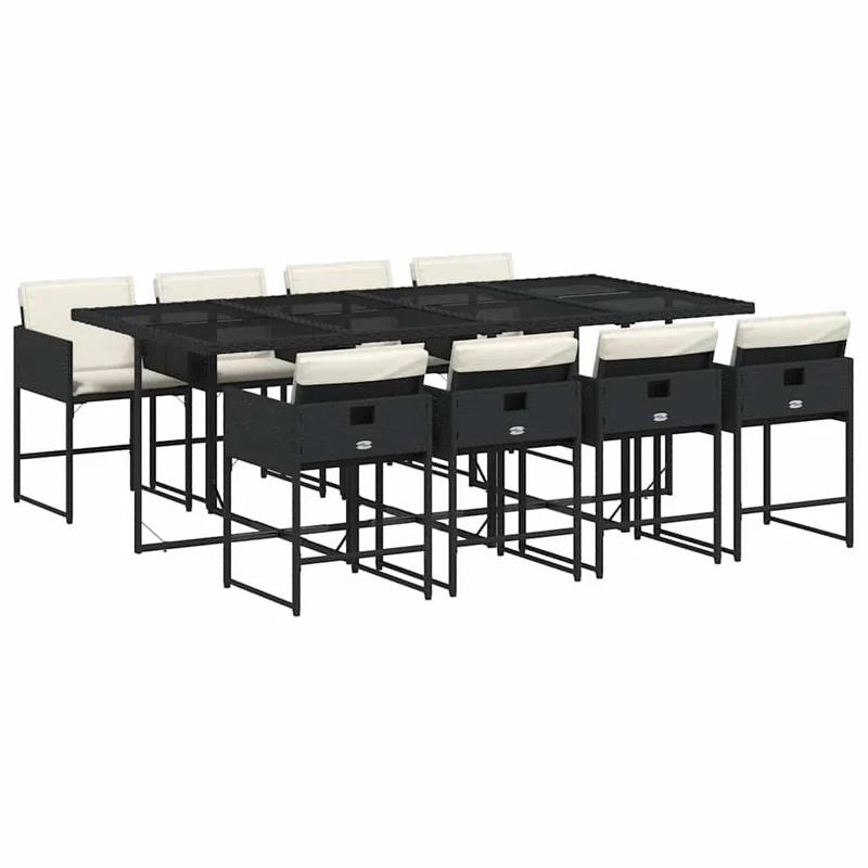 9 Piece Garden Dining Set with Cushions Black Poly Rattan