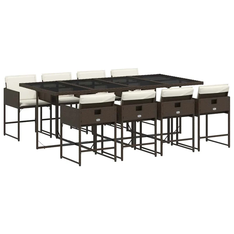 9 Piece Garden Dining Set with Cushions Brown Poly Rattan